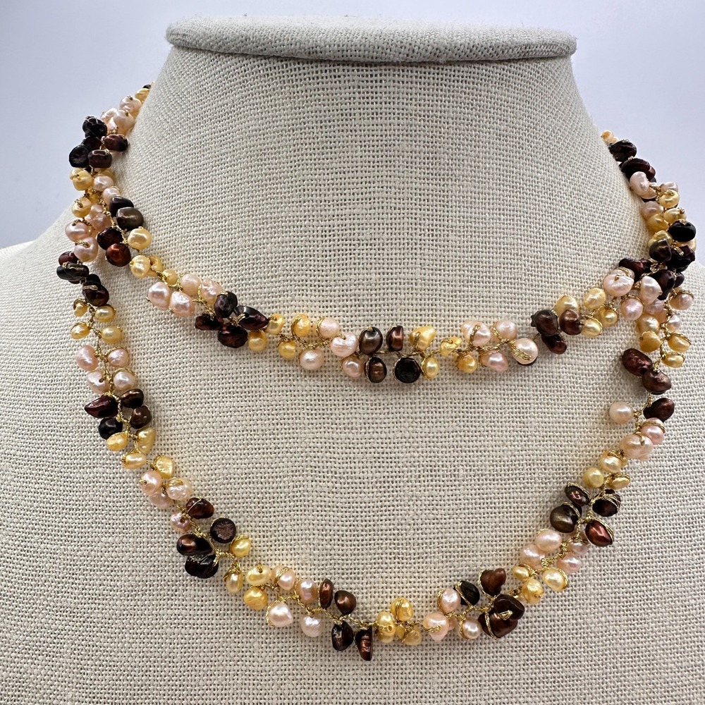 Vintage 90s Multi-Strand Wire Wrap Pearl Necklace Gold Tone Boho Jewelry